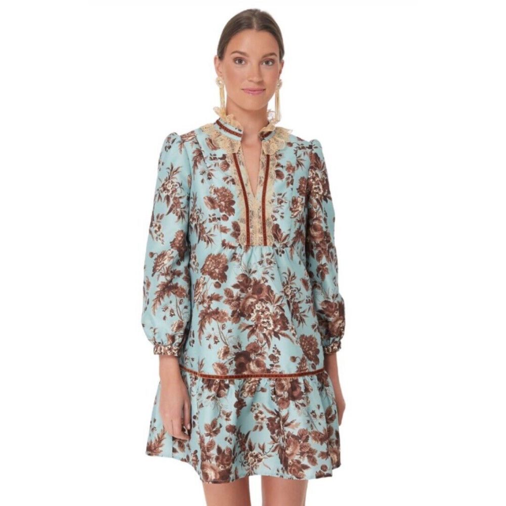 Tuckernuck Robin's Egg Floral Palmerston Dress Long Sleeve Tiered‎ Mini Size M